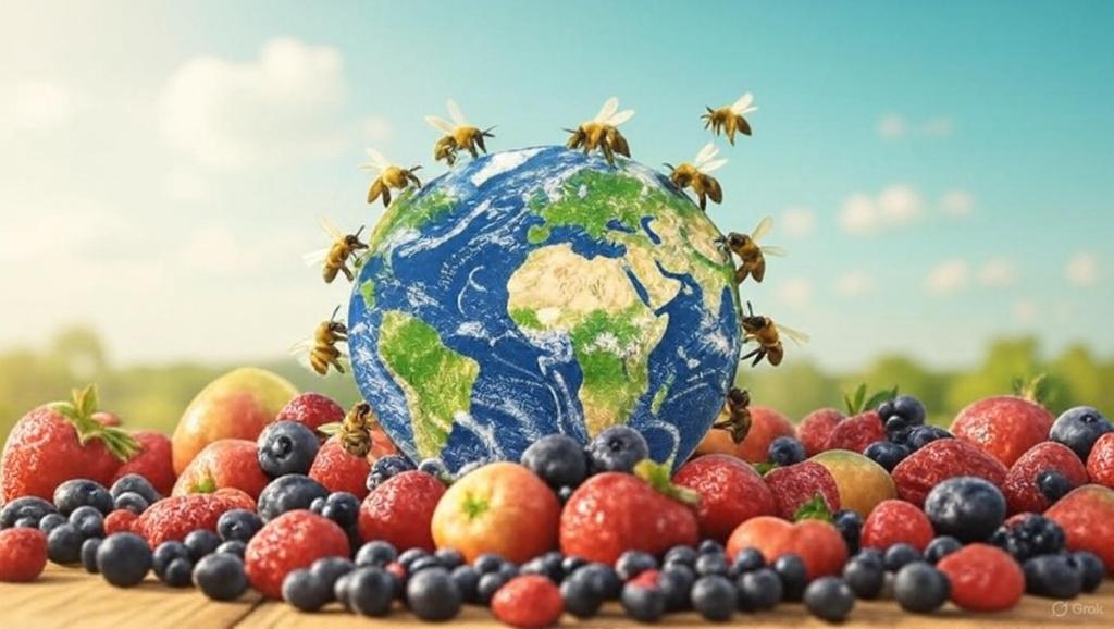 A colorful globe surrounded by various fruits, with bees flying around it, symbolizing the connection between the Earth, food, and pollinators.